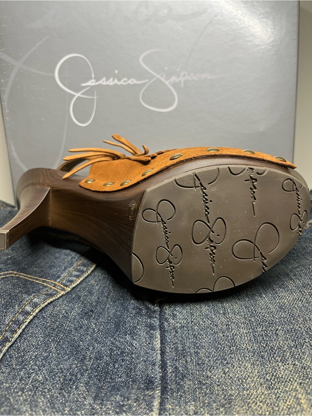 Jessica Simpson Fringe Suede Peep-Toe Sandals - Brown 11M - Picture 3 of 5